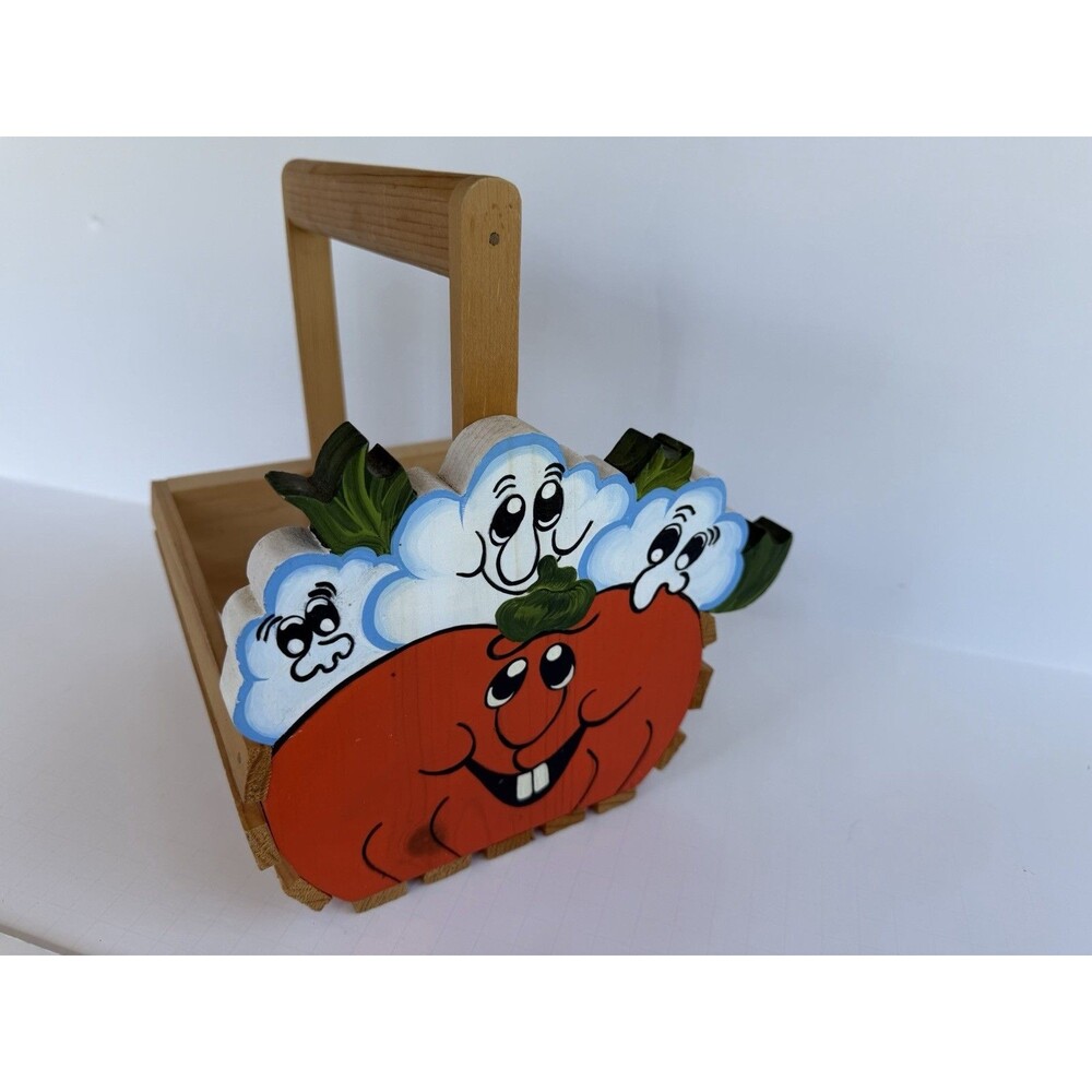 Vintage Halloween Hand Painted Pumpkin Jack O Lantern Ghost Wooden Basket Crate